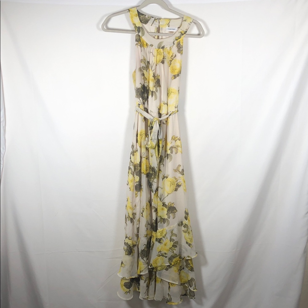 Calvin Klein Yellow Floral Tiered Wedding Guest, Graduation, Maxi Dress